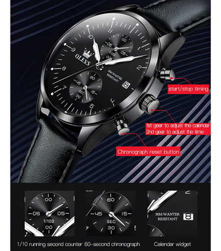 Relojes Cronógrafo De Piel Con Calendario, Casuales, De Olev Color Del Bisel Negro