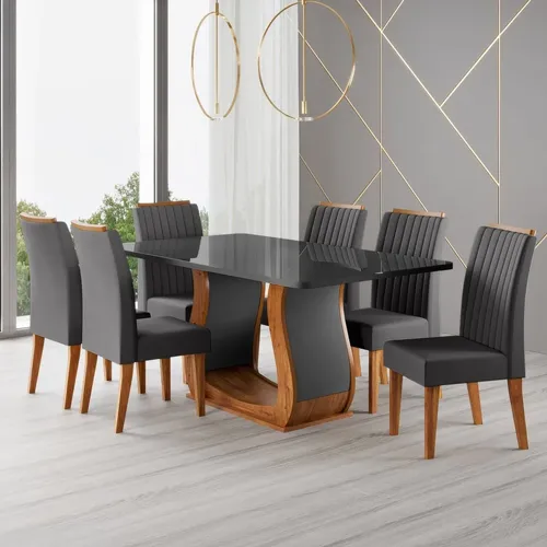 Mesa De Jantar 160x80cm Tampo Com Vidro 6 Cadeiras Fj Mel/cinza