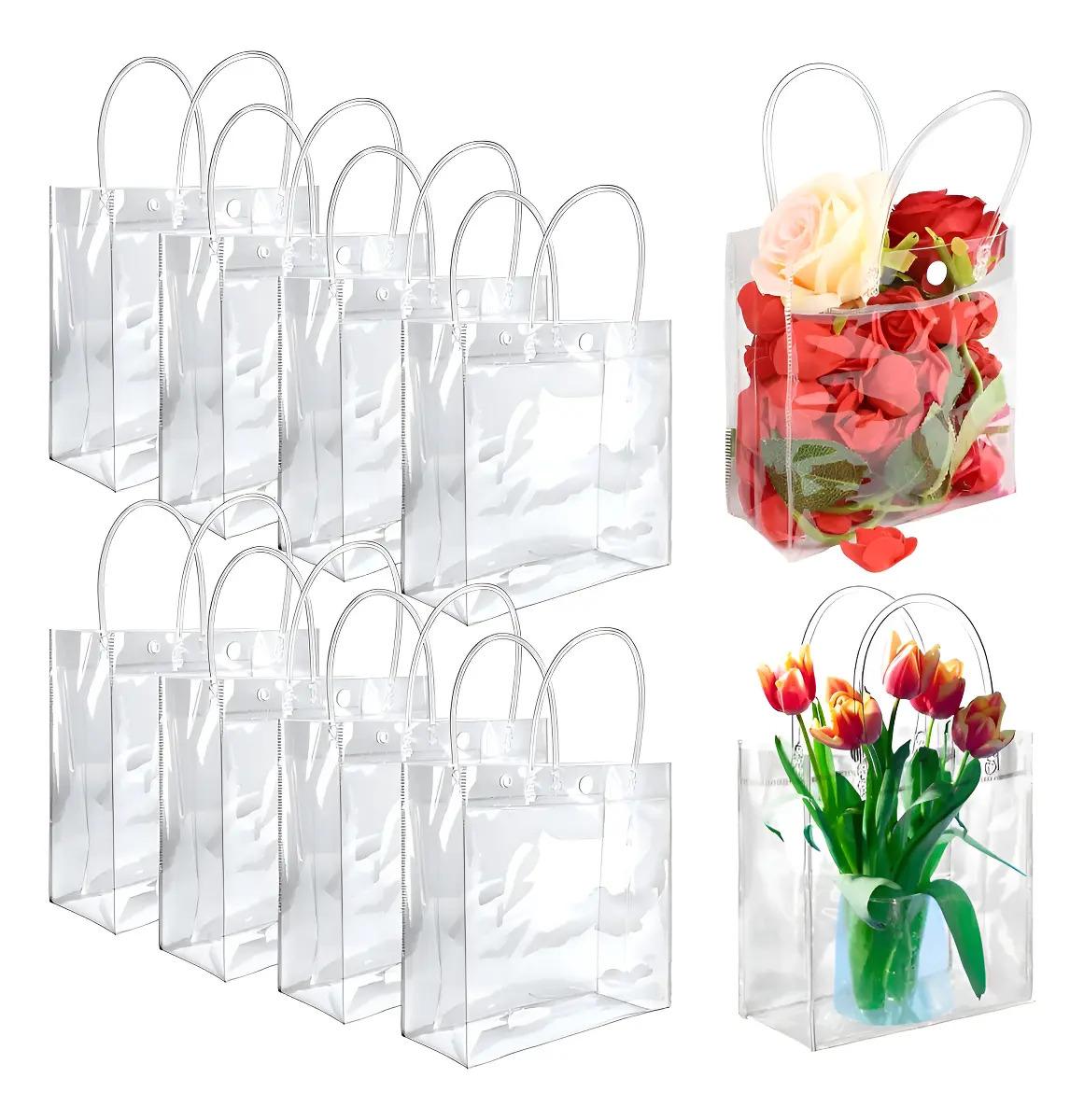 MOONPAI 40 Bolsas PVC Transparentes Con Manija 20x20x8 cm Ecológicas