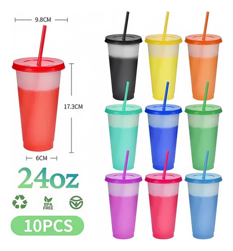 . Vasos Magicos Cambian De Color Con Tapa Y Popote 710ml