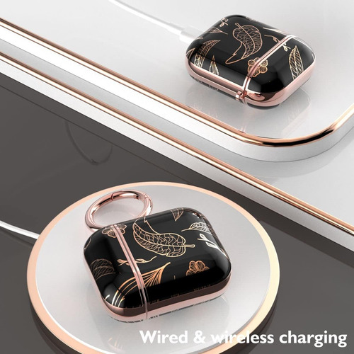 Funda Para AirPods 1 Y 2 Diseño Hojas Color Negro Con Clip