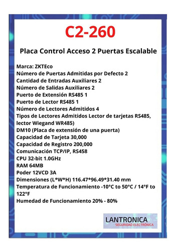Imagen 2 de 9 de Placa Acceso Control 2 Puerta C2260 Zkteco Escalable