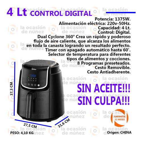 Imagen 2 de 7 de Freidora Sin Aceite Midea Electrica Aire Digital 4 Air Fryer