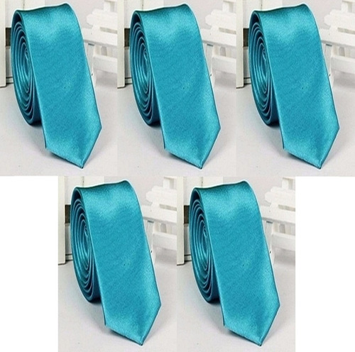 Kit 5 Gravata Azul Tiffany Slim Fit 5cm Lisa Noivo Padrinho