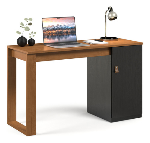 Mesa Escrivaninha Paris Com Gaveteiro Para Pc E Computador Cor Canela Preto