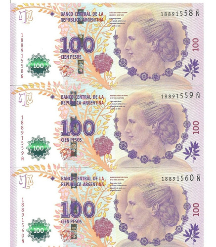  3 Billetes Correlativos 100 Pesos Evita Serie Ñ  Excelentes