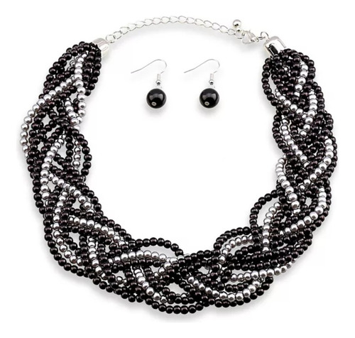 Conjunto Joyas Collar Gargantilla Grueso Perlas Negro Blanco
