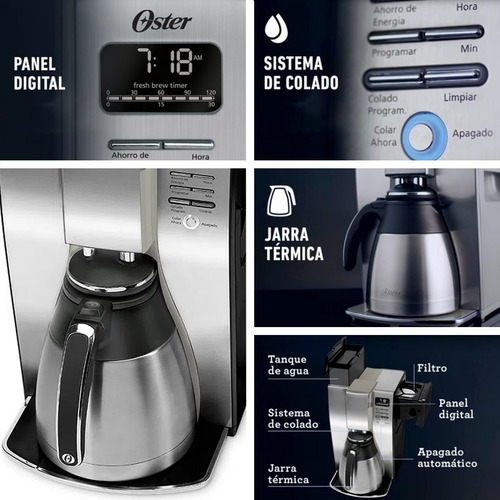 Cafetera De Filtro Oster Gourmet Programable Jarra Termica Color Plateado
