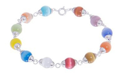 Pulsera Ojo De Gato Colores Grande Plata Ley .925