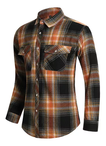 Camisa de flanela xadrez masculina, manga comprida, bolso duplo