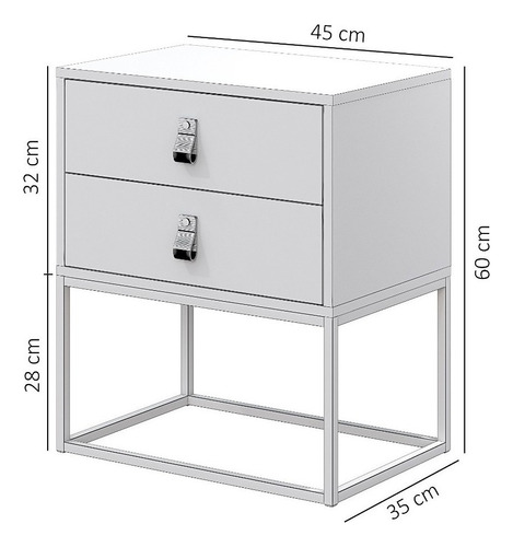 Mesa Cabeceira Unic Criado Industrial 2 Gavetas Base Preta Acabamento Fosco Cor Branco/preto