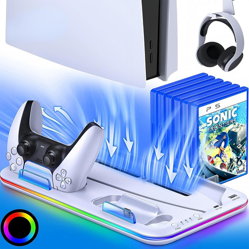 Base de carga Gllai Cooling para mandos de Ps5 con iluminación RGB y ventilador de refrigeración interno compatible con Ps5 y Ps5 Slim White