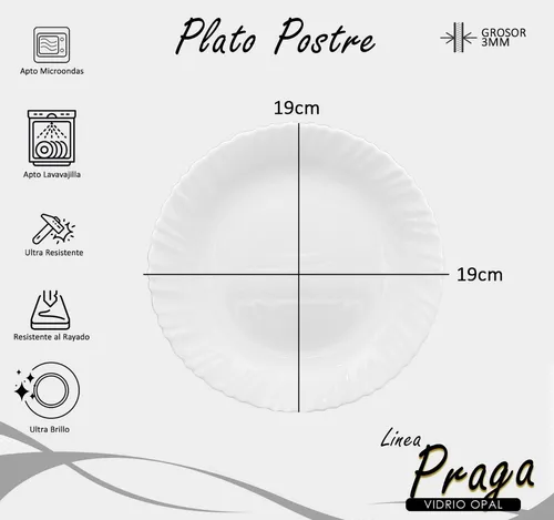 Pack 12 Platos Playo Postre Praga Vidrio Opalina Resistentes
