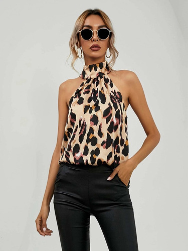 Blusa Top Leopardo Animal Print Cuello Halter Alto Estampada