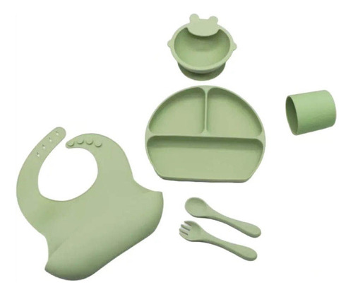 Silicona Antideslizante Para Bebés Set Platos Cuchara Tenedor Babero Vaso 6 Piezas Color Verde