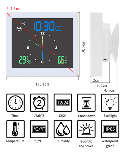 Reloj De Baño Con Alarma Dual De Temperatura, Humedad Y Ala