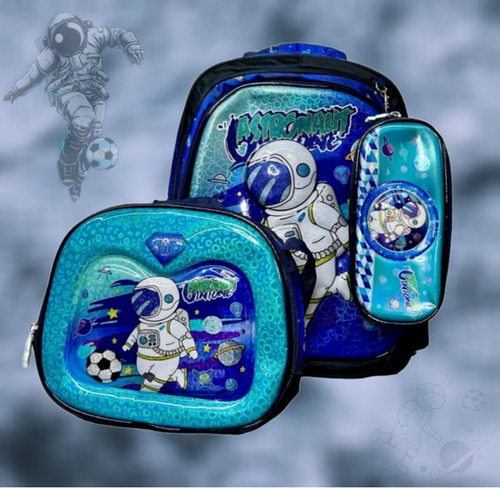 Mochila Escolar Para Niños, Astronauta, Autos Y Dinosaurio En Combo Con Lonchera Térmica Y Lapicera Con Diseño En 3d Con Glitter Y Luz Led