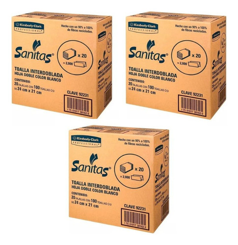 Toalla Interdoblada Sanita Kimberly 3 Cajas C/20 Paq 100 Hjs