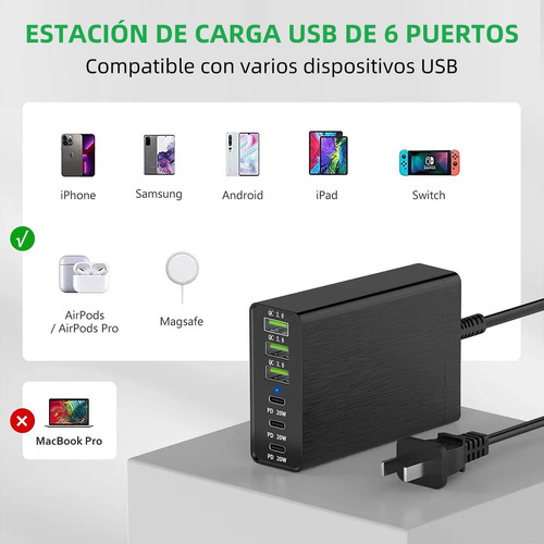 Cargador 96w Con 6 Puertos Con 3 Puertos Usb-c + 3 Puertos U