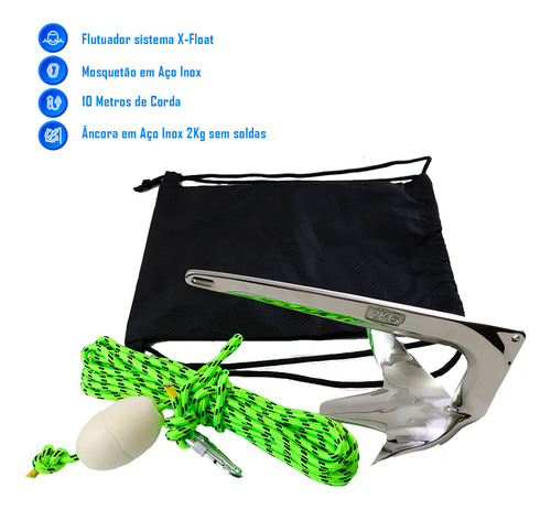 Kit De Âncora Em Aço Inox Polido 2kg Jet Ski Barco Sem Solda