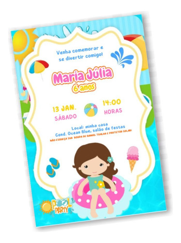 Arte Convite Digital Virtual Pool Party Piscina Menina