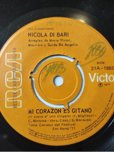 Vinilo Single De Nicolá Di Bari Mi Corazón Es Gitano (ac39