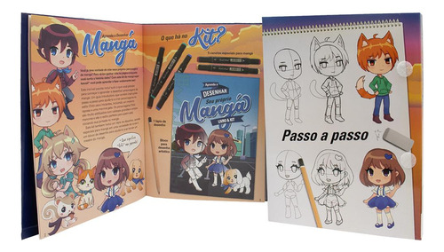 Libro y kit: Aprende a dibujar manga, de Lake Press. Editora Happy Books, tapa blanda en portugués