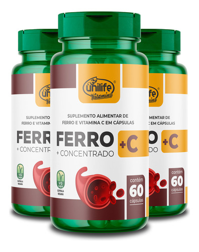 Kit Com 3 Ferro Com Vitamina C Unilife 60 Cápsulas Sabor Sem Sabor