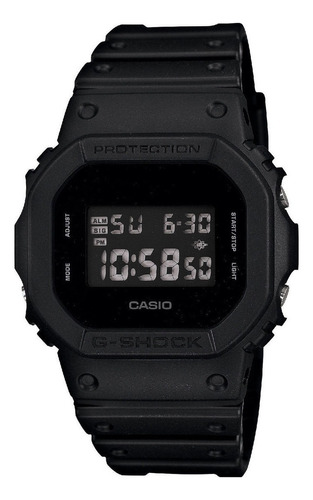 Reloj pulsera Casio G-Shock DW5600 de cuerpo color negro mate, digital, fondo negro, con correa de tela color negro mate, dial gris, minutero/segundero gris, bisel color negro mate, luz azul verde y hebilla simple