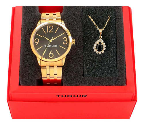 Relógio Tuguir Feminino Dourado Com Fundo Preto Tg148 + Kit