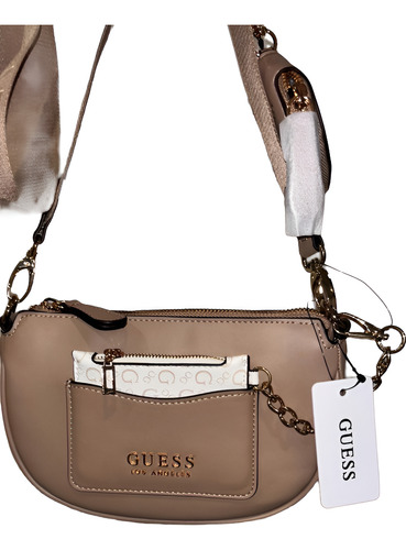 Cartera Guess Original Beige Crossbody Con Monedero Beige Claro Liso Con Bolsillo Frontal Combinado Dorado Beige Con Logo Guess Bordado