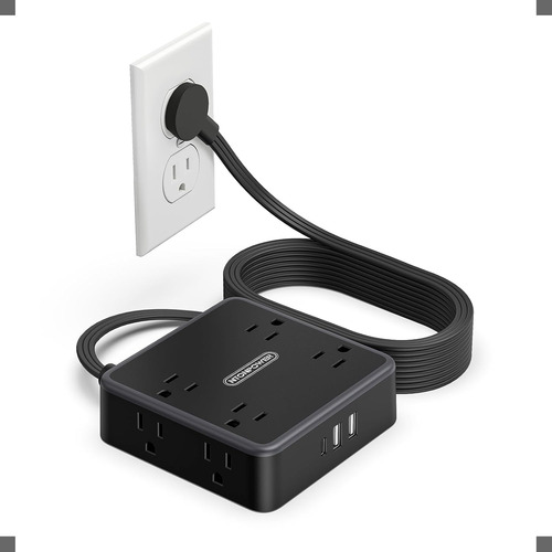 Cable De Extensión Negro Con 8 Salidas Y 3 Puertos Usb