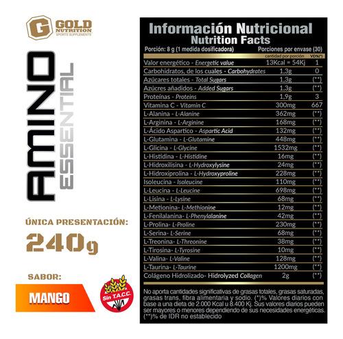 Gold Nutrition Amino Essential Aminoacidos Suplemento 240 3c