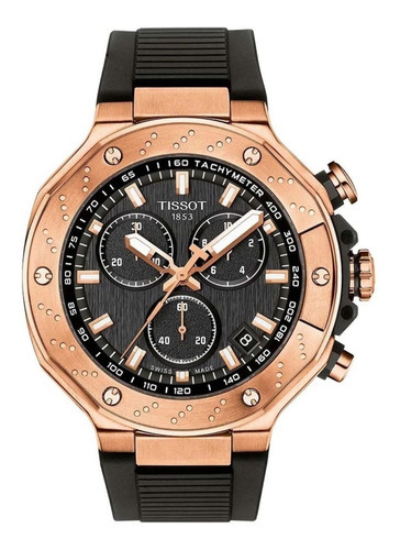 Reloj Pulsera Tissot T-sport T-race Chronograph De Cuerpo Color Rosé, Analógico, Para Hombre, Fondo Negro, Con Correa De Silicona Color Negro, Bisel Color Rosé Y Hebilla Simple