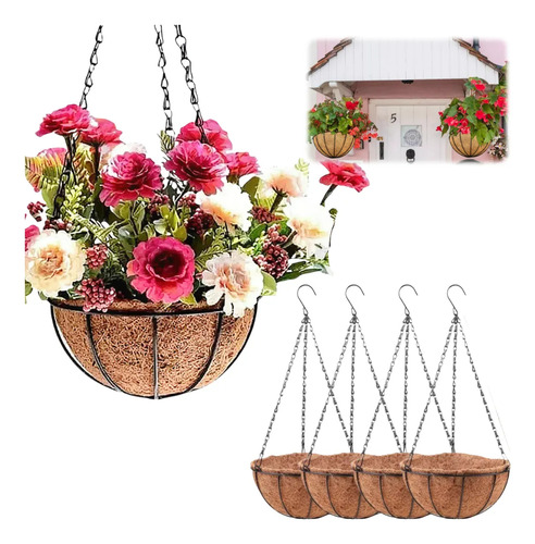 4pzs Macetas Colgante Fibra Coco Planta Gancho Jardín 25cm