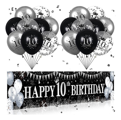 Decoraciones Cumpleaños Numero 10 Negro Y Plateado Cartel Fe