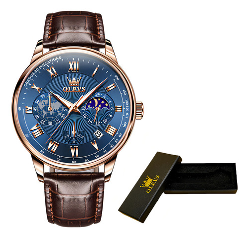 Reloj Olevs Chronograph Moon Phase Luminous De Cuero Color Del Bisel Rose Blue