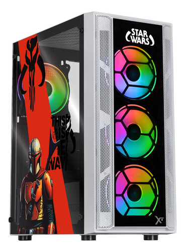Gabinete Gamer Xtreme Pc Gaming Mandalorian Comic Edition Media Torre Atx 600w 4 Fan Argb Cristal Templado Blanco
