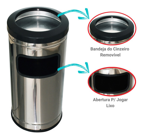 Imagem 2 de 3 de Lixeira Cinzeiro Inox C/ Aro Plástico Lixo Cigarro 25l