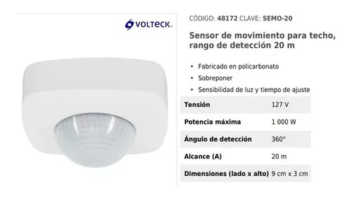 Sensor de movimiento para techo, alcance 20 m, Volteck, Sensores