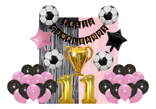 Globos Cumpleaños Decoración Fútbol Inter D Miami Rosa/negro