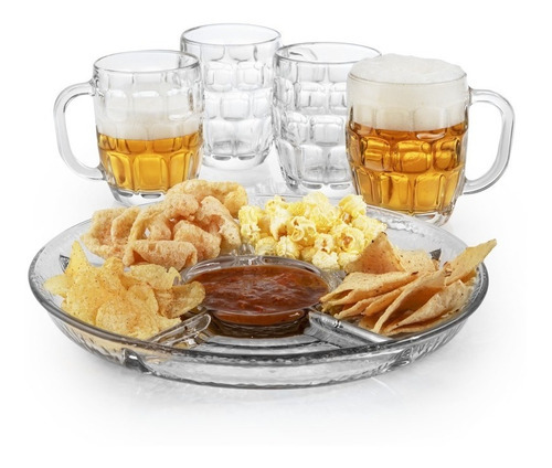 4 Tarro Cerveza De Vidrio Cervecero + Plato Botanero Grande