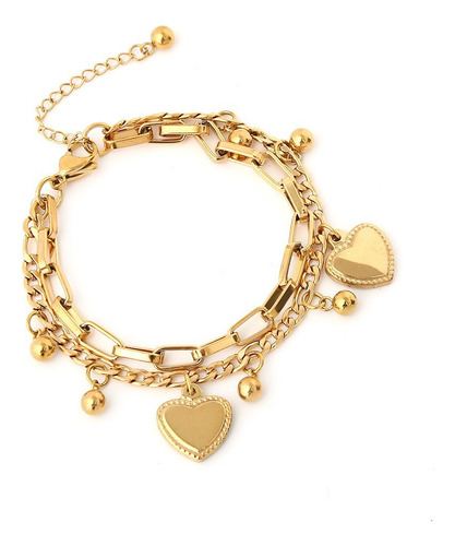 Pulsera Dos Corazones Acero Titanio Doble Cadena  Eslabones