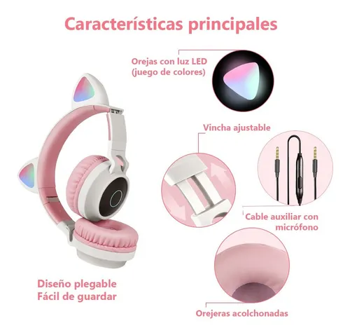 Auriculares Bluetooth Inalámbricos Orejas Gato Luz Led