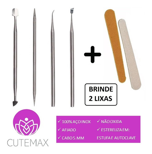 Kit Espátula + Palito + Desencravador + Raspador Unhas Inox 