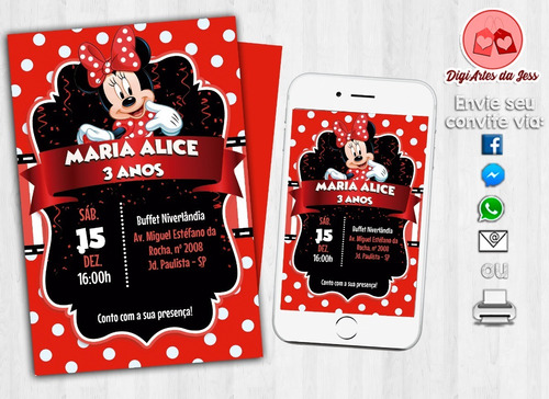 Imagem 1 de 2 de Convite Digital Minnie Mouse Vermelho Personalizado #0821