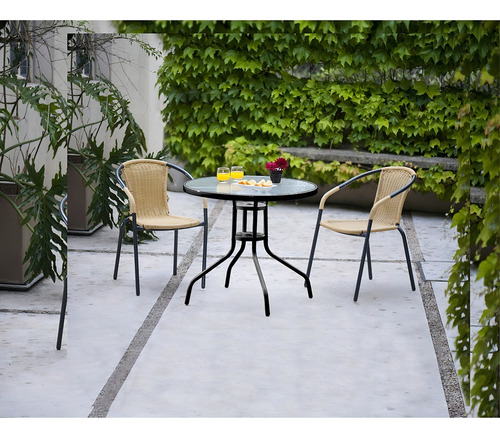 Juego Set Jardin Exterior Mesa + 2 Sillas Apilables Rattan Estructura Natural