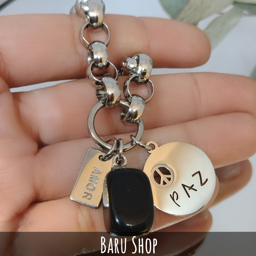 Imagen 4 de 8 de Pulsera Acero Con Piedra Color Negro Y Dijes Paz Y Amor