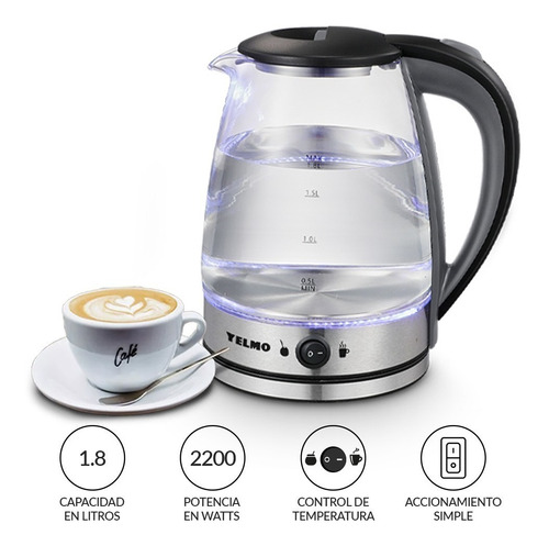 Pava Jarra Yelmo Pe-3907 Desmontable Vidrio Templado 1,8l Pp Color Transparente