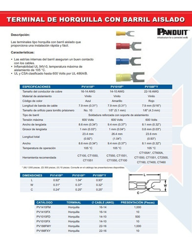 Terminal Tipo Horquilla 22-16 Awg 1000pz Panduit Pv18-8f-my